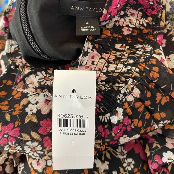 Ann Taylor Floral Smocked Neck Shift Dress Size 4 NWT Black Pink - Picture 9 of 11